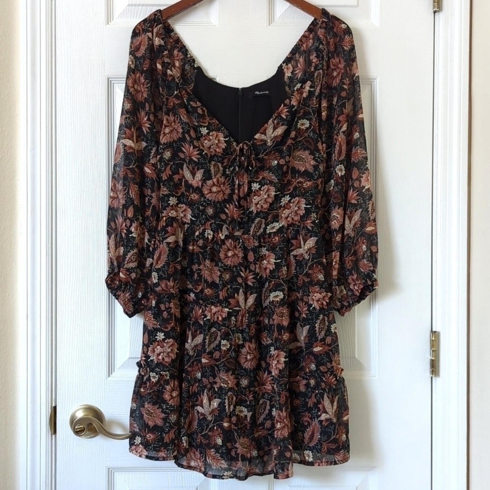 Madewell Amalia Sweetheart Sheer Quarter Sleeve Tiered Mini Dress Pampas Blooms